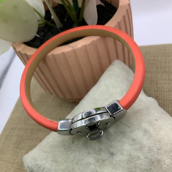 Fossil Sterling Silver Lock Key Coral Leather Band Bracelet - Picture 6 of 6
